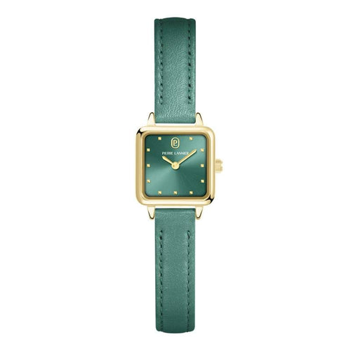 Pierre Lannier 059H577 | Montre Femme à Quartz – Boîtier Carré en Acier Inoxydable PVD Doré, Cadran Vert Soleillé, Bracelet en Cuir Vert Femme PIERRE LANNIER 