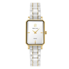 Pierre Lannier ARIANE 085L809 Montre Femme à Quartz, Boîtier Rectangulaire Acier & Céramique Blanc et Or, Cadran Blanc Semi-Mat, Bracelet Céramique Blanc, Étanche 30 m Femme PIERRE LANNIER 