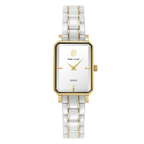 Pierre Lannier ARIANE 085L809 Montre Femme à Quartz, Boîtier Rectangulaire Acier & Céramique Blanc et Or, Cadran Blanc Semi-Mat, Bracelet Céramique Blanc, Étanche 30 m Femme PIERRE LANNIER 