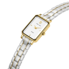 Pierre Lannier ARIANE 085L809 Montre Femme à Quartz, Boîtier Rectangulaire Acier & Céramique Blanc et Or, Cadran Blanc Semi-Mat, Bracelet Céramique Blanc, Étanche 30 m Femme PIERRE LANNIER 