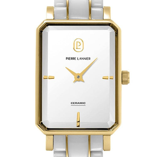 Pierre Lannier ARIANE 085L809 Montre Femme à Quartz, Boîtier Rectangulaire Acier & Céramique Blanc et Or, Cadran Blanc Semi-Mat, Bracelet Céramique Blanc, Étanche 30 m Femme PIERRE LANNIER 