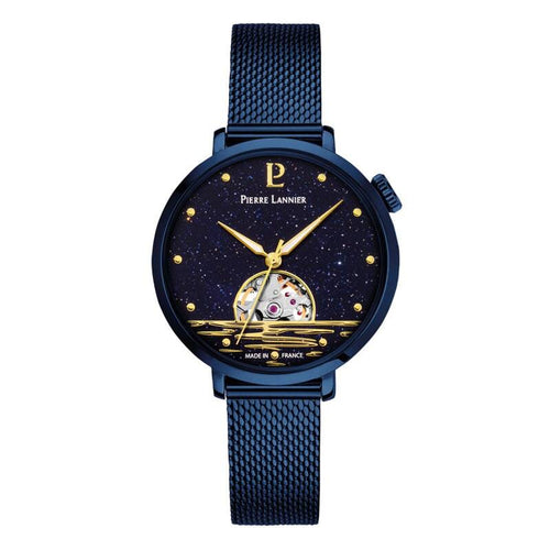 Pierre Lannier Australe 148H866 Montre Femme Automatique, Boîtier Rond 35 mm Bleu, Cadran Cœur Ouvert, Bracelet Acier Maille Milanaise Bleu 14 mm, Miyota 8N24 Femme PIERRE LANNIER 