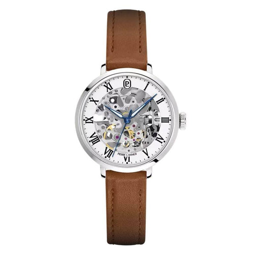 Pierre Lannier Automatic 137H604 Montre Femme Automatique, Boîtier Rond 35 mm, Cadran Squelette Gris, Bracelet Cuir Marron, Réserve de Marche 42 h, Étanche 5 ATM Femme PIERRE LANNIER 