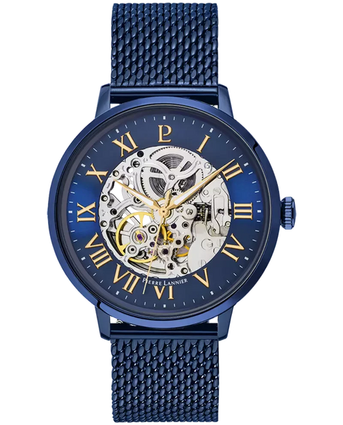 Pierre Lannier Automatic 318B468 Montre Automatique Homme, Boîtier Acier Bleu 42 mm, Cadran Squelette Bleu, Bracelet Acier Milanais Bleu 20 mm Femme PIERRE LANNIER 