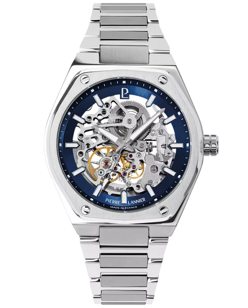 Pierre Lannier Copilote 308G161 Montre Automatique Homme, Boîtier Acier 42,5 mm, Cadran Squelette Bleu, Bracelet Acier Argenté 22 mm Femme PIERRE LANNIER 