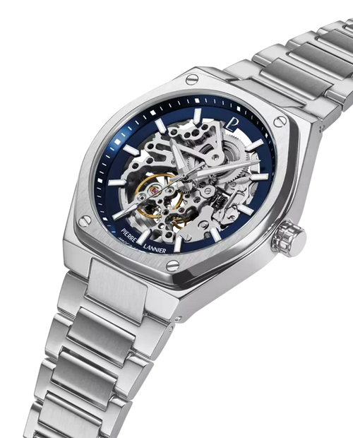 Pierre Lannier Copilote 308G161 Montre Automatique Homme, Boîtier Acier 42,5 mm, Cadran Squelette Bleu, Bracelet Acier Argenté 22 mm Femme PIERRE LANNIER 