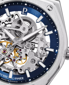 Pierre Lannier Copilote 308G161 Montre Automatique Homme, Boîtier Acier 42,5 mm, Cadran Squelette Bleu, Bracelet Acier Argenté 22 mm Femme PIERRE LANNIER 