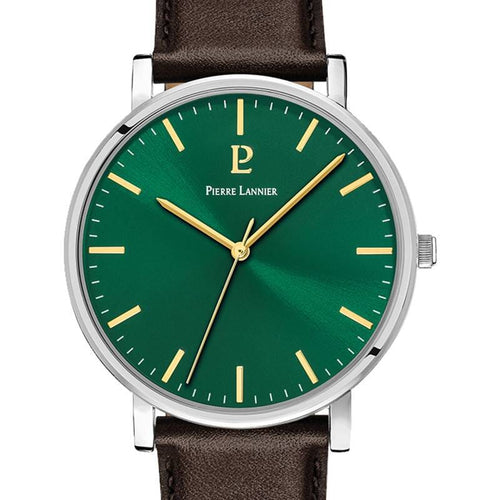 Pierre Lannier Essential 217G174 Montre Homme Quartz, Boîtier Acier 40,5 mm, Cadran Vert Soleillé, Bracelet Cuir Marron 20 mm, Miyota 2035 Homme PIERRE LANNIER 