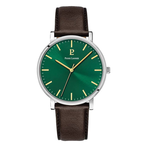 Pierre Lannier Essential 217G174 Montre Homme Quartz, Boîtier Acier 40,5 mm, Cadran Vert Soleillé, Bracelet Cuir Marron 20 mm, Miyota 2035 Homme PIERRE LANNIER 