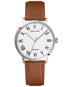 Pierre Lannier Interval 255G104 Montre Homme Quartz, Boîtier Acier 40 mm, Cadran Blanc Semi-Mat, Bracelet Cuir Brun 20 mm Femme PIERRE LANNIER 