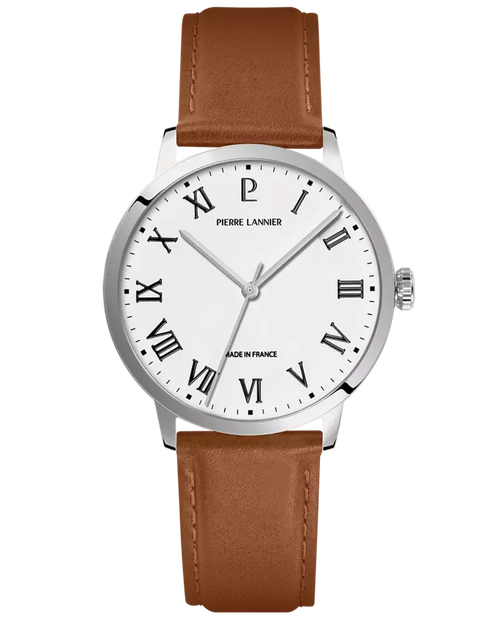 Pierre Lannier Interval 255G104 Montre Homme Quartz, Boîtier Acier 40 mm, Cadran Blanc Semi-Mat, Bracelet Cuir Brun 20 mm Femme PIERRE LANNIER 
