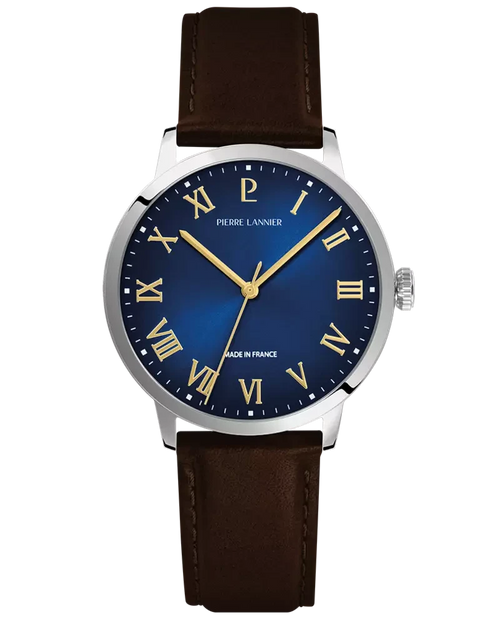 Pierre Lannier Interval 255G164 Montre Homme Quartz, Boîtier Acier 40 mm, Cadran Bleu Soleillé, Bracelet Cuir Brun 20 mm Femme PIERRE LANNIER 