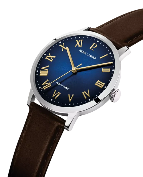 Pierre Lannier Interval 255G164 Montre Homme Quartz, Boîtier Acier 40 mm, Cadran Bleu Soleillé, Bracelet Cuir Brun 20 mm Femme PIERRE LANNIER 