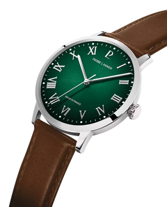 Pierre Lannier Interval 255G174 Montre Homme Quartz, Boîtier Acier 40 mm, Cadran Vert Soleillé, Bracelet Cuir Brun 20 mm Femme PIERRE LANNIER 