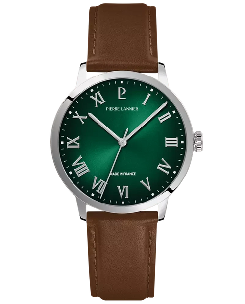 Pierre Lannier Interval 255G174 Montre Homme Quartz, Boîtier Acier 40 mm, Cadran Vert Soleillé, Bracelet Cuir Brun 20 mm Femme PIERRE LANNIER 