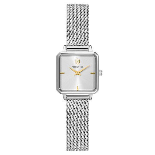 Pierre Lannier LEONOR 071H621 Montre Femme à Quartz, Boîtier Carré en Acier Inoxydable Argenté, Cadran Soleillé Argenté, Bracelet Milanais 12 mm, Étanche 30 m Femme PIERRE LANNIER 