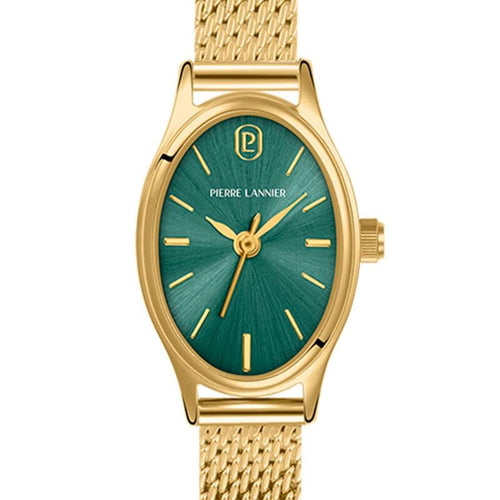 Pierre Lannier OVALIA 075K572 Montre Femme à Quartz, Boîtier Ovale Acier Inoxydable PVD Or, Cadran Vert Soleillé, Bracelet Milanais Doré, Étanche 30 m Femme PIERRE LANNIER 