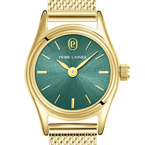 Pierre Lannier PYA 091M572 Montre Femme à Quartz, Boîtier Rond Doré 20 mm, Cadran Vert Soleil, Bracelet Maille Milanaise Doré 10 mm, Étanche 5 ATM Femme PIERRE LANNIER 