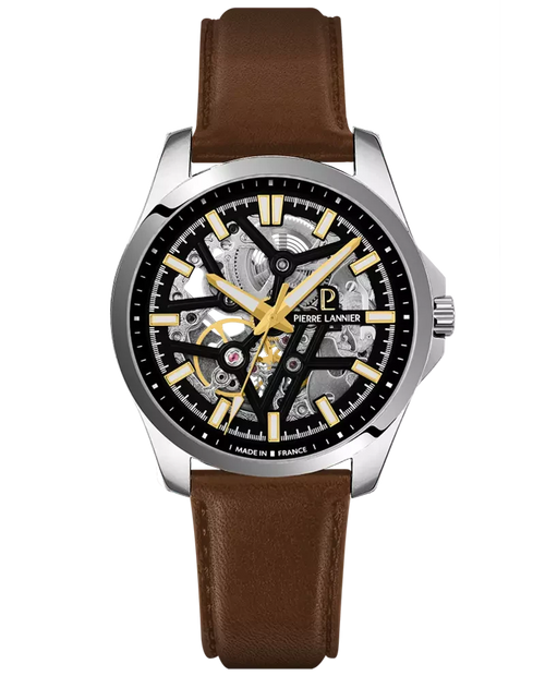Pierre Lannier Skeletom 304G134 Montre Automatique Homme, Boîtier Acier 40 mm, Cadran Squelette Noir, Bracelet Cuir Brun 20 mm Femme PIERRE LANNIER 