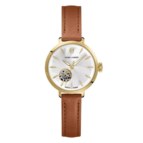 Pierre Lannier Soline 139L524 Montre Femme Automatique, Boîtier Rond 32 mm Doré, Cadran Blanc Cœur Ouvert Soleillé, Bracelet Cuir Marron, Miyota 6T28, Étanche 5 ATM Femme PIERRE LANNIER 
