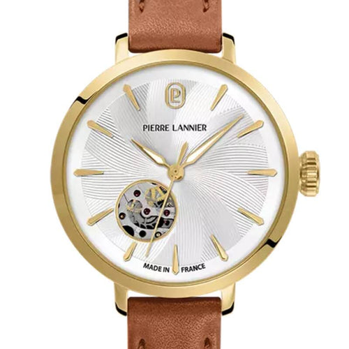 Pierre Lannier Soline 139L524 Montre Femme Automatique, Boîtier Rond 32 mm Doré, Cadran Blanc Cœur Ouvert Soleillé, Bracelet Cuir Marron, Miyota 6T28, Étanche 5 ATM Femme PIERRE LANNIER 