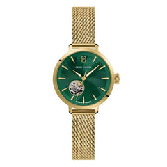 Pierre Lannier Soline 139L572 Montre Femme Automatique, Boîtier Rond 32 mm Doré, Cadran Vert Cœur Ouvert Soleillé, Bracelet Maille Milanaise Acier Doré, Miyota 6T28, Étanche 5 ATM Femme PIERRE LANNIER 