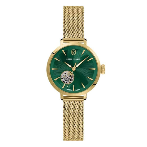 Pierre Lannier Soline 139L572 Montre Femme Automatique, Boîtier Rond 32 mm Doré, Cadran Vert Cœur Ouvert Soleillé, Bracelet Maille Milanaise Acier Doré, Miyota 6T28, Étanche 5 ATM Femme PIERRE LANNIER 